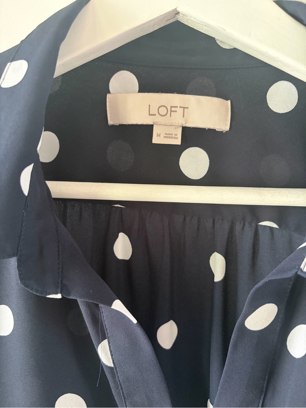 LOFT Navy and White Polka Dot Long Sleeve Blouse - Picture 3 of 6